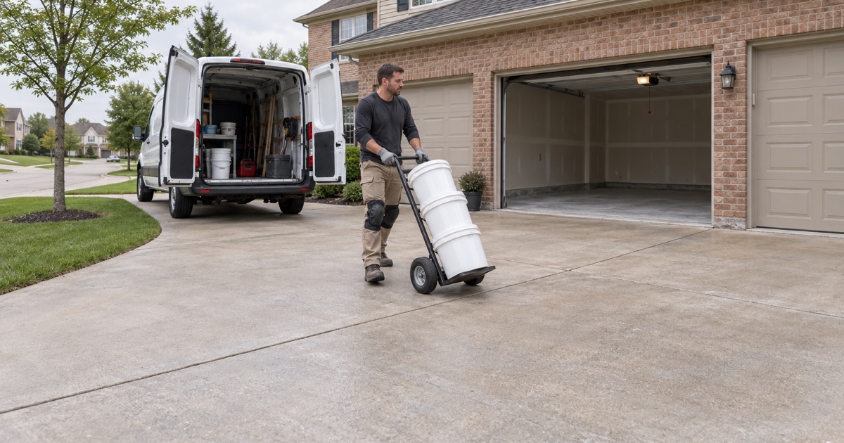 Sealed pails wheeled down an Orland Park driveway to the work van at the start of a garage floor job.