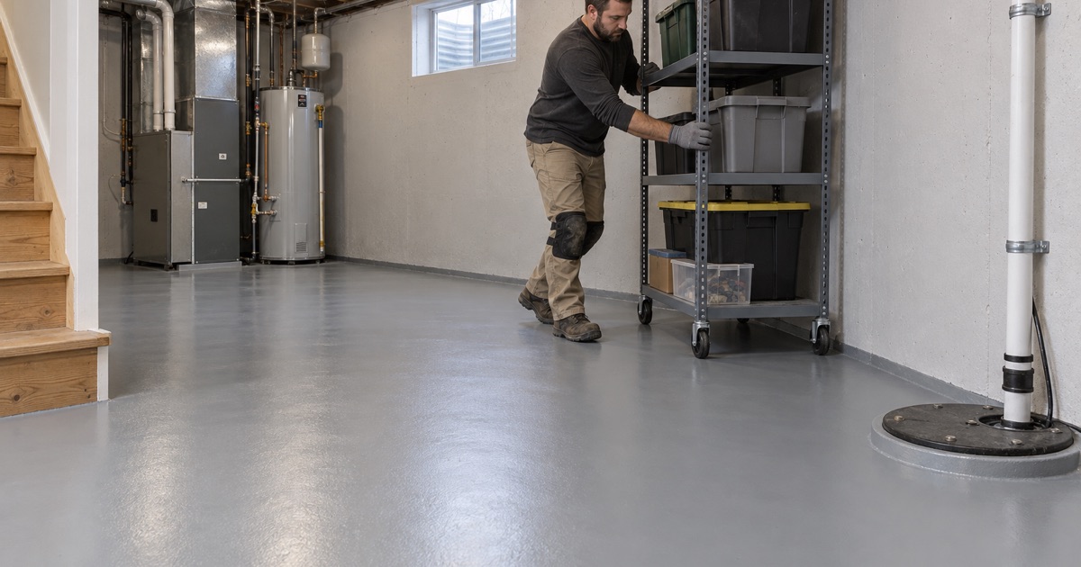 A storage shelf rolled back against the wall of an Orland Park basement newly coated in light gray epoxy, the sump rim standing proud of the floor.