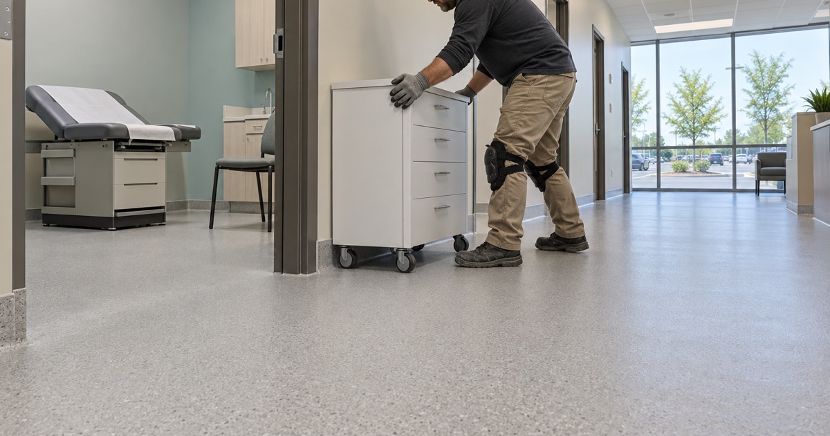 A rolling cabinet set back into a medical office suite on a new quartz-coated floor in Orland Park.