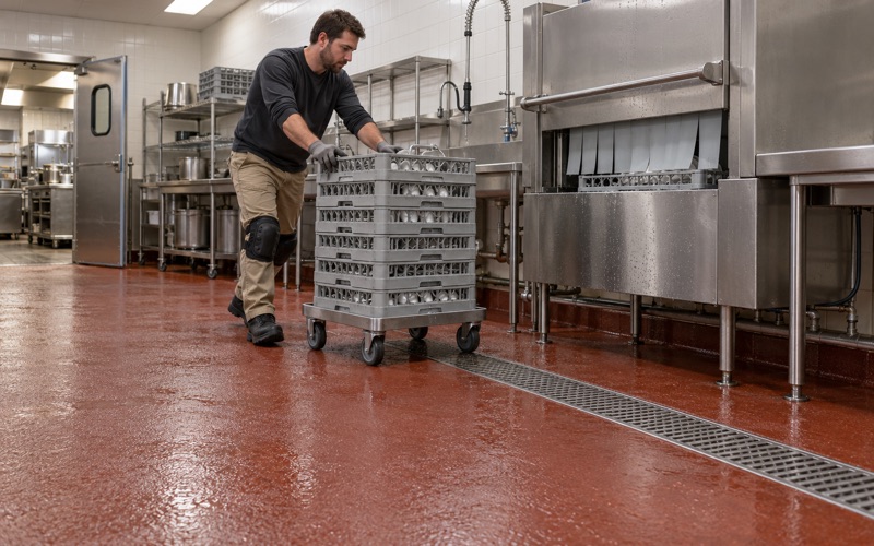 A dish rack dolly rolled across a textured urethane cement floor in an Orland Park banquet kitchen.