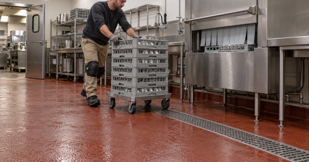 A dish rack dolly rolled across a textured urethane cement floor in an Orland Park banquet kitchen.