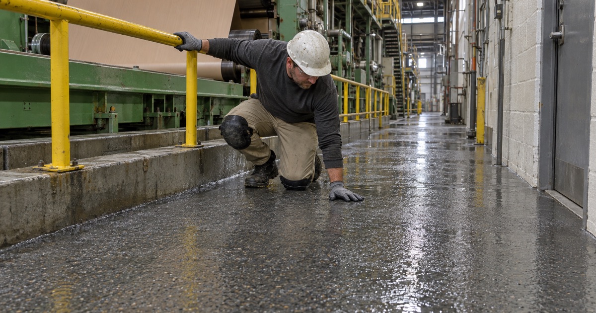A textured, seamless floor tested for grip beside a paper machine in an Alsip recycled-paper mill.