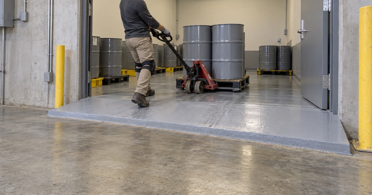 Drums pulled up the coated four-inch ramp into a flammable-liquids room in a Bridgeview chemical warehouse.