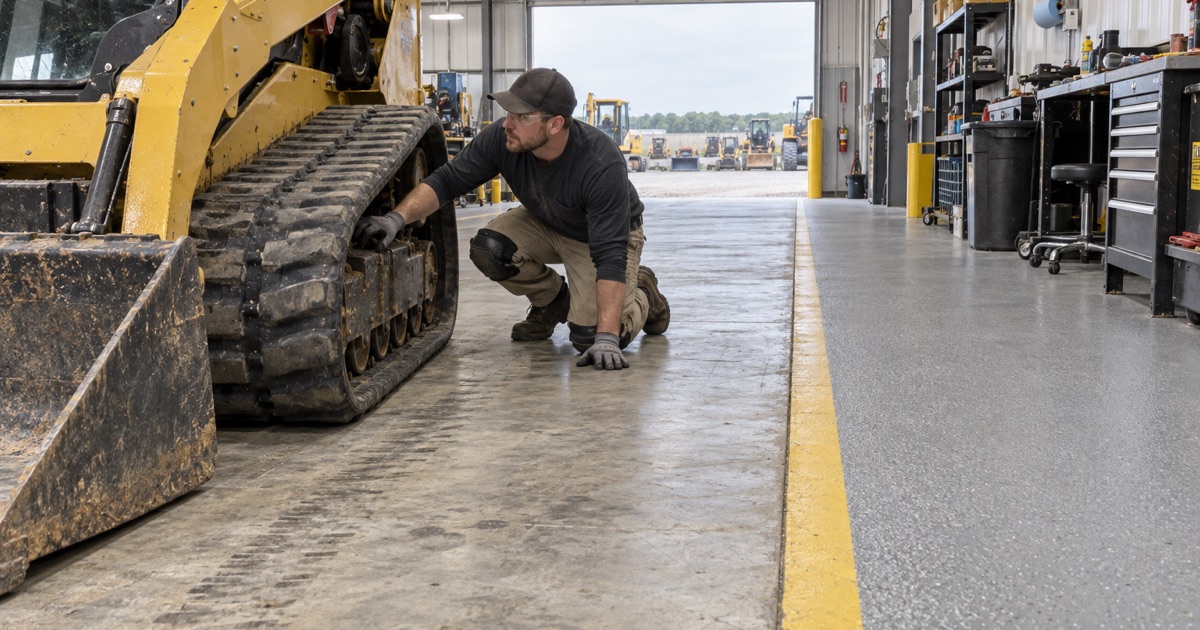 A bare, uncoated drive lane beside a coated walkway in a construction-equipment shop in Burr Ridge.