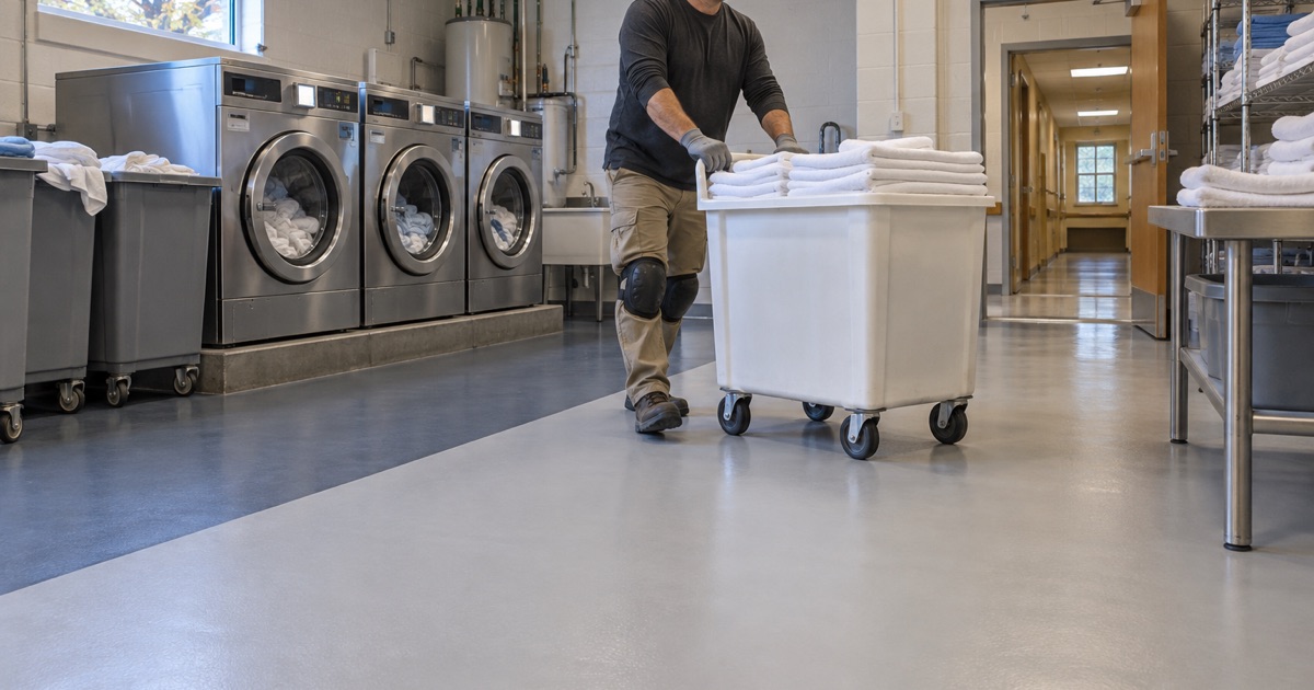 A care-home laundry in Evergreen Park with a floor color line marking soiled from clean linen
