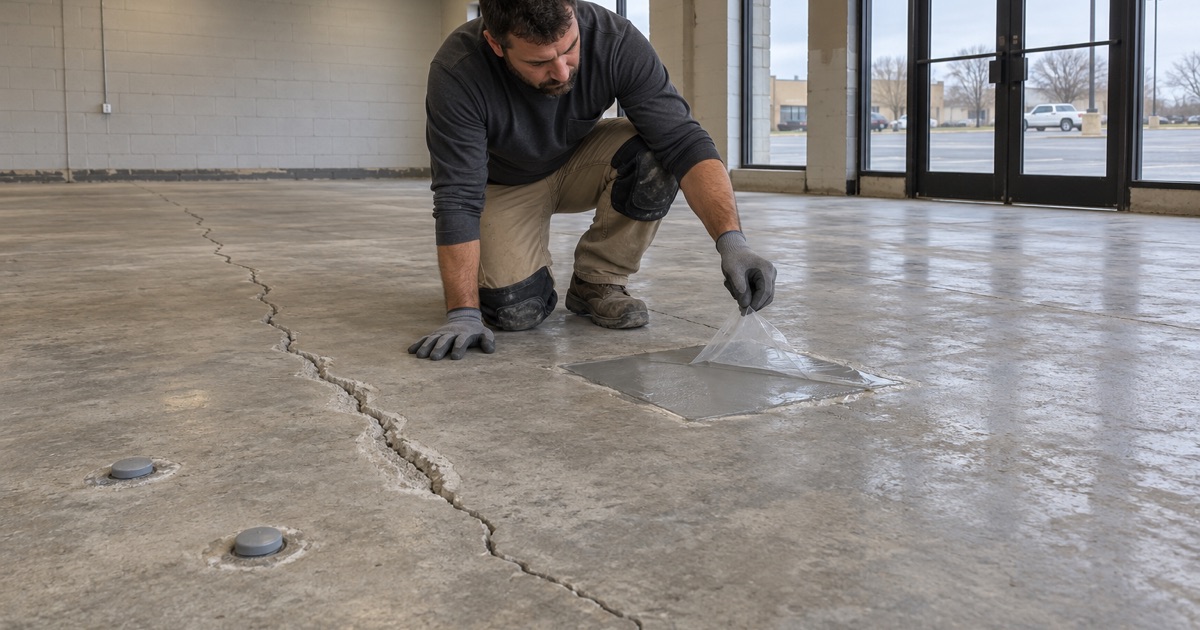 Capped moisture probe sleeves in a Forest Park commercial slab before a new floor goes down
