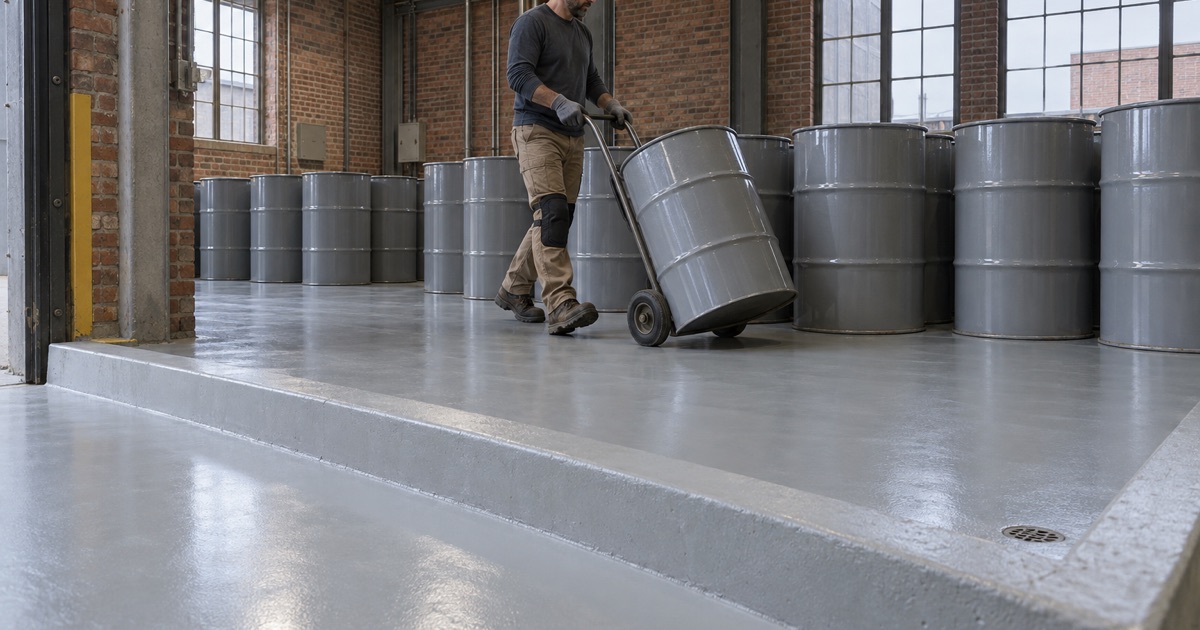A drum moved across a curbed, crack-free containment floor in a Harvey waste treatment plant.