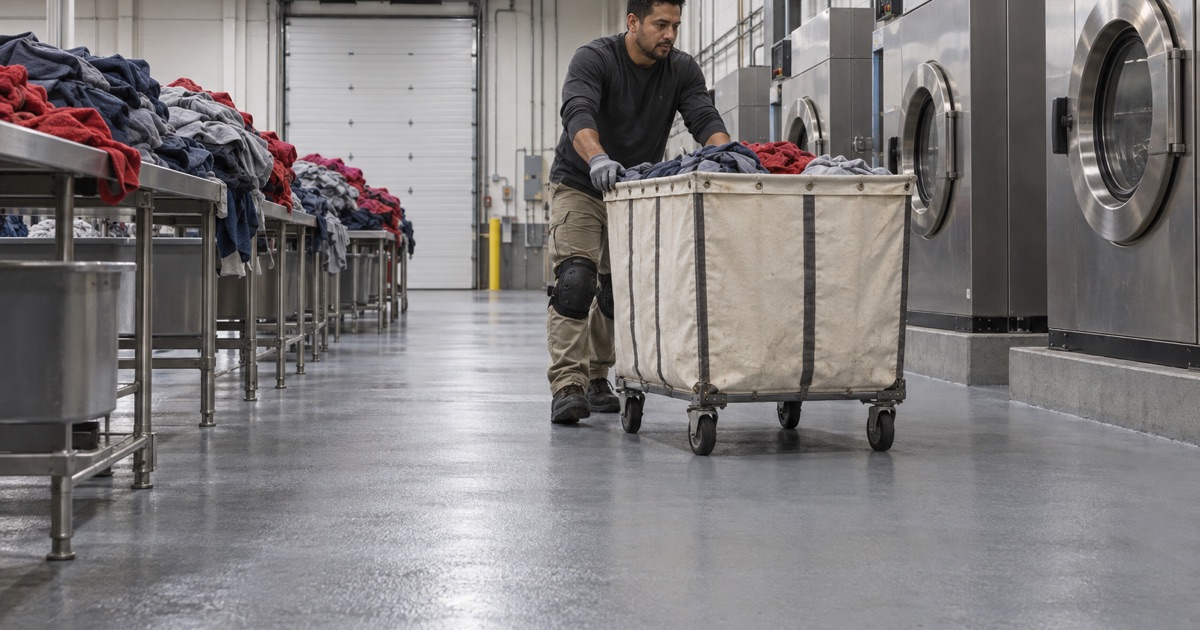 A laundry cart pushed across the coated soil-sort floor of an industrial laundry in Justice.