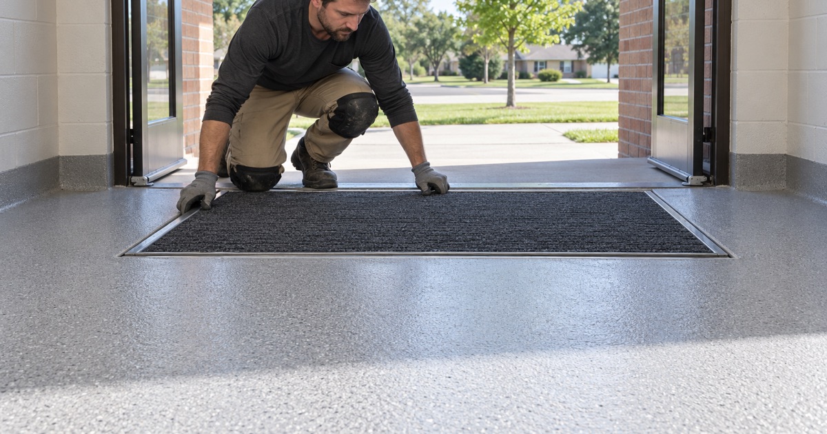 A recessed mat well and textured coating inside a La Grange Park school entrance