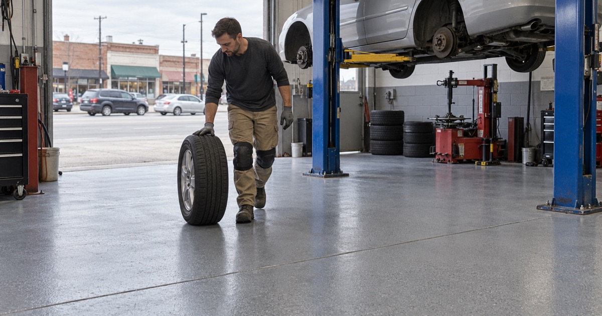 A tire rolled into a coated tire bay on Ogden Avenue in Lyons, fresh off the highway.