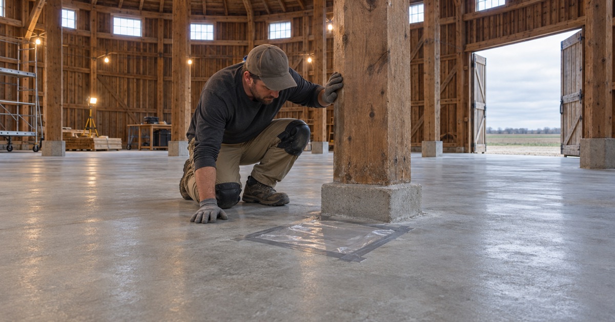 A new concrete floor checked at a timber post inside the 1898 round barn in Manhattan, being finished as an event room.