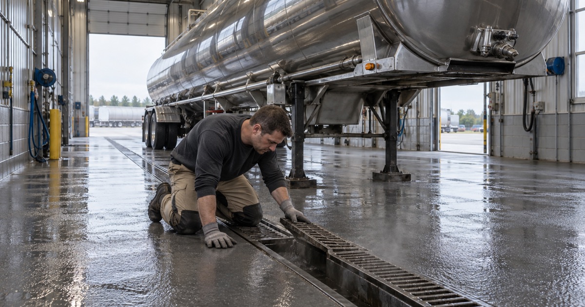 A trench grate lifted in the urethane cement floor of a tank-trailer wash bay in Markham.