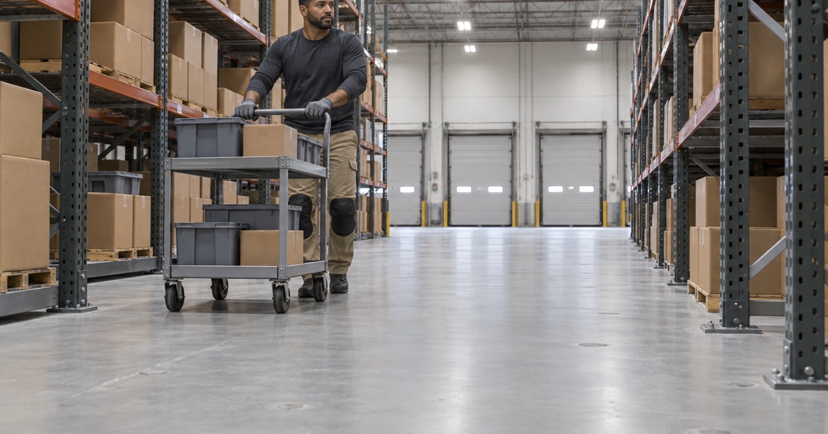 A picking cart pushed along a coated aisle in a former warehouse-club store turned fulfillment center in Matteson.