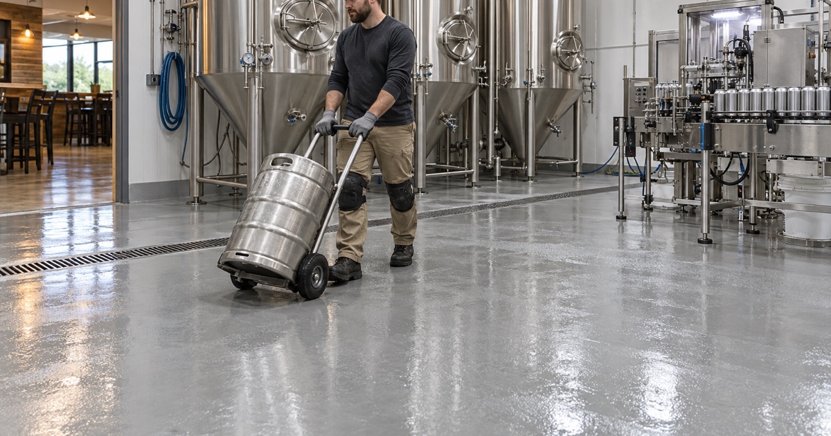 A keg moved across a seamless, coved floor in the packaging area of a Mokena business-park brewery.