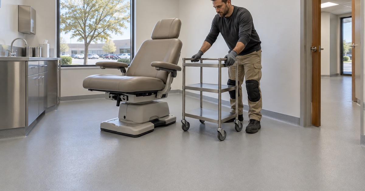 A seamless clinical floor in a Palos Heights imaging building, nothing cut or anchored through it
