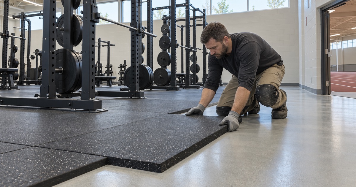A rubber mat tile set under a lifting rack beside the coated floor of a weight room in Richton Park.