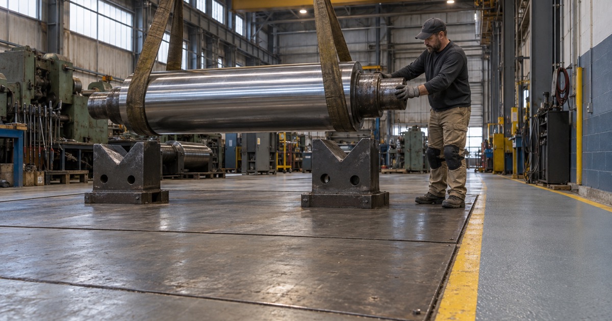 A heavy steel roll set down on V-blocks over steel plate beside a coated aisle in a Riverdale roll shop.