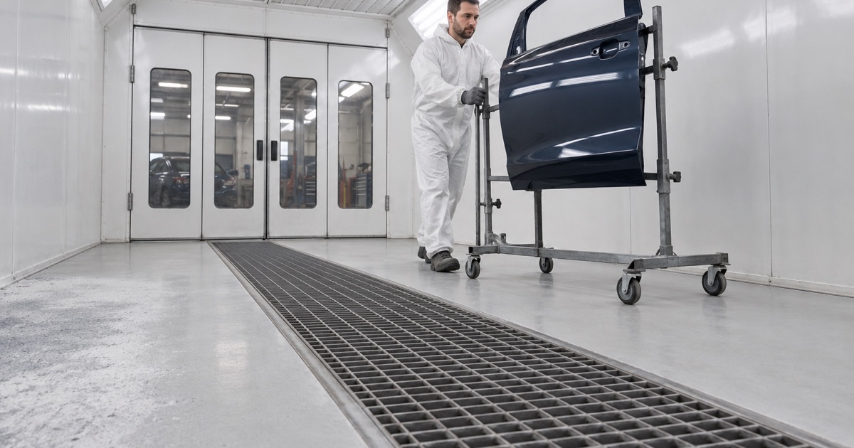 A painted door panel wheeled across the coated floor of an auto-body spray booth in Summit.