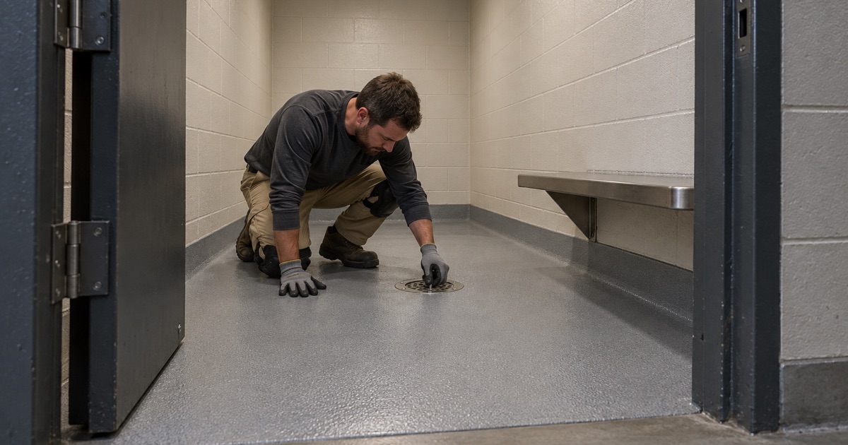 A floor drain cover checked in a holding cell floor pitched to drain at the Western Springs Village Hall.