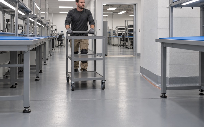 A cart rolled down a static-dissipative floor between electronics assembly benches in an Orland Park plant.