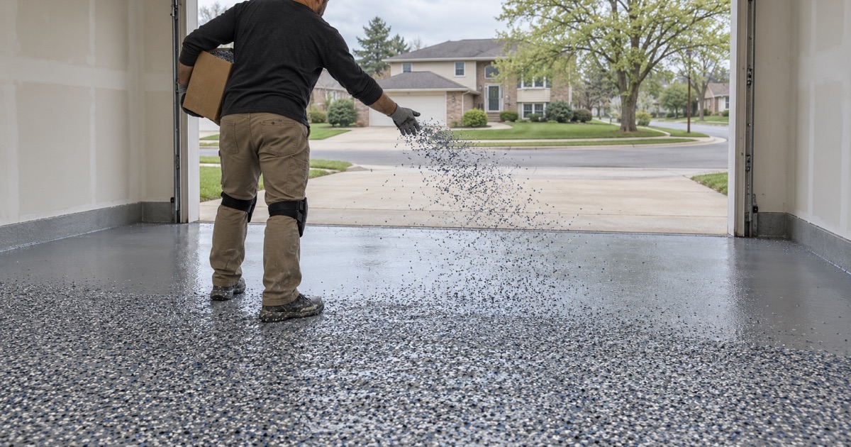 Vinyl chip mid-broadcast over a wet base coat in the attached garage of an Orland Park two-story.
