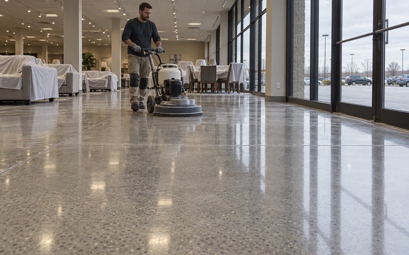 A burnisher bringing up the final sheen on a polished concrete sales floor in an Orland Park home store.