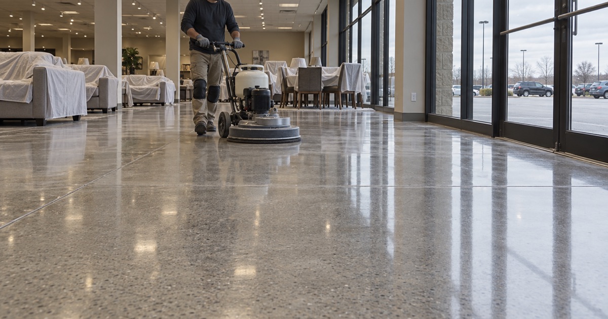 A burnisher bringing up the final sheen on a polished concrete sales floor in an Orland Park home store.